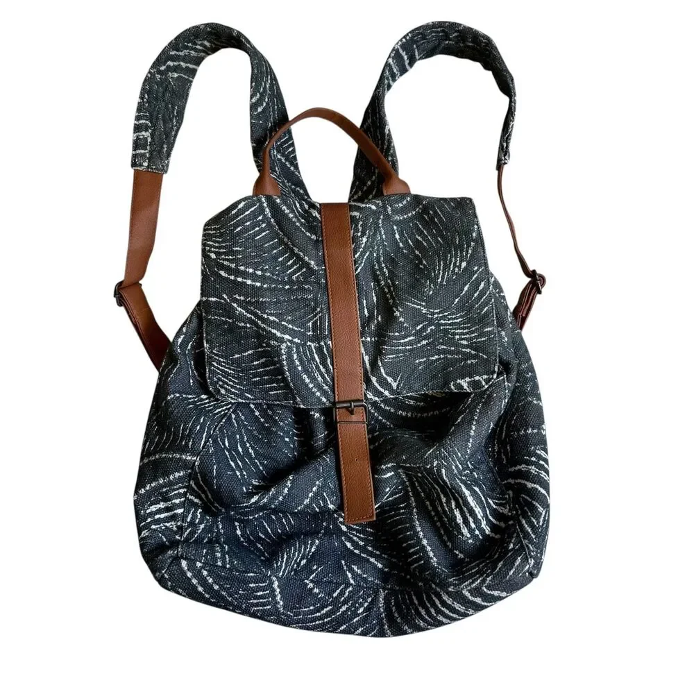 Lu & Elle Gray White & Dark Green Backpack with Brown Faux Leather Straps NWOT